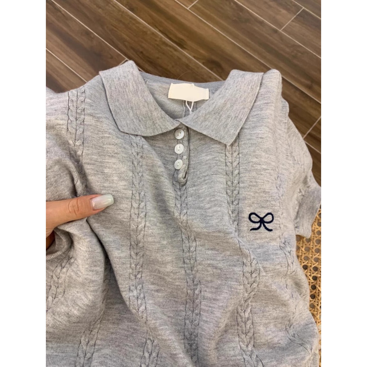 韩系复古温柔polo领短袖套头上衣2025夏季款修身坑条针织衫T恤女