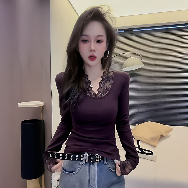 大码蕾丝拼接V领加绒打底衫女秋冬内搭上衣微胖mm修身显瘦长袖t恤