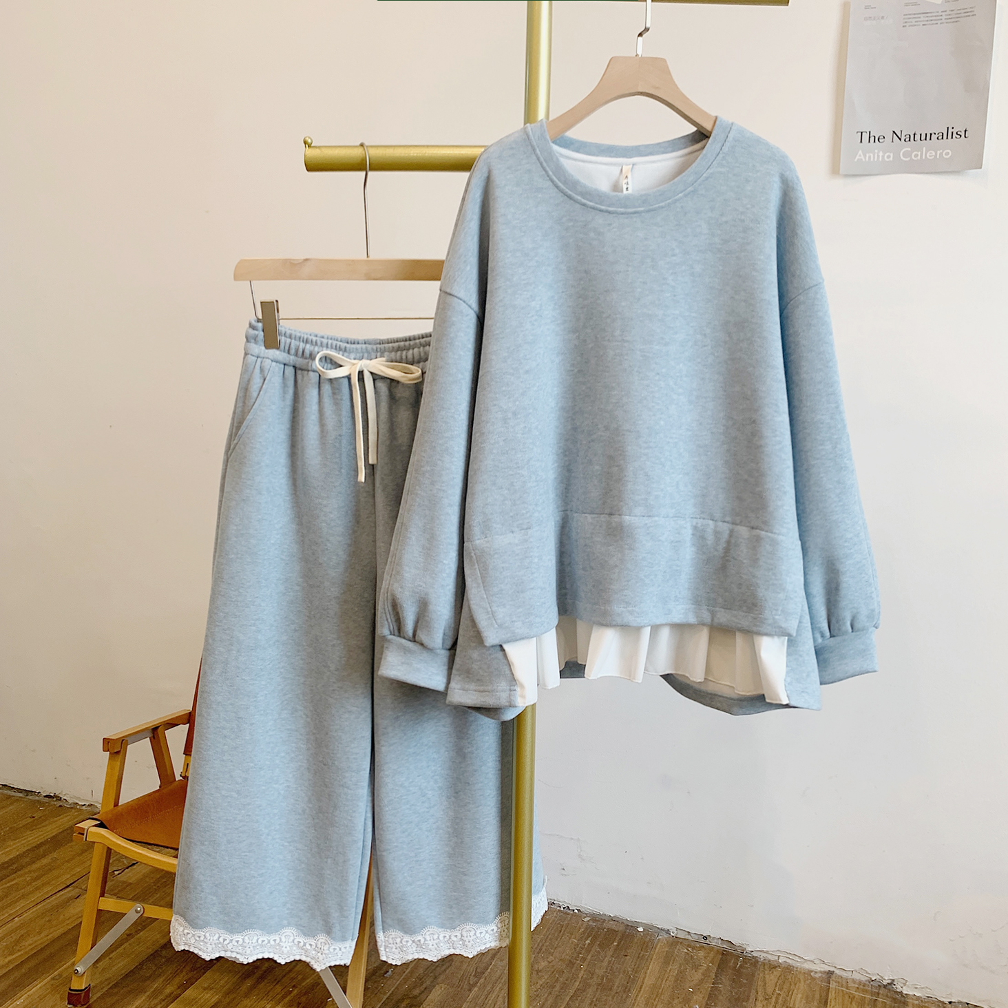 早八穿搭C4963下摆拼接圆领卫衣松紧腰休闲裤套装