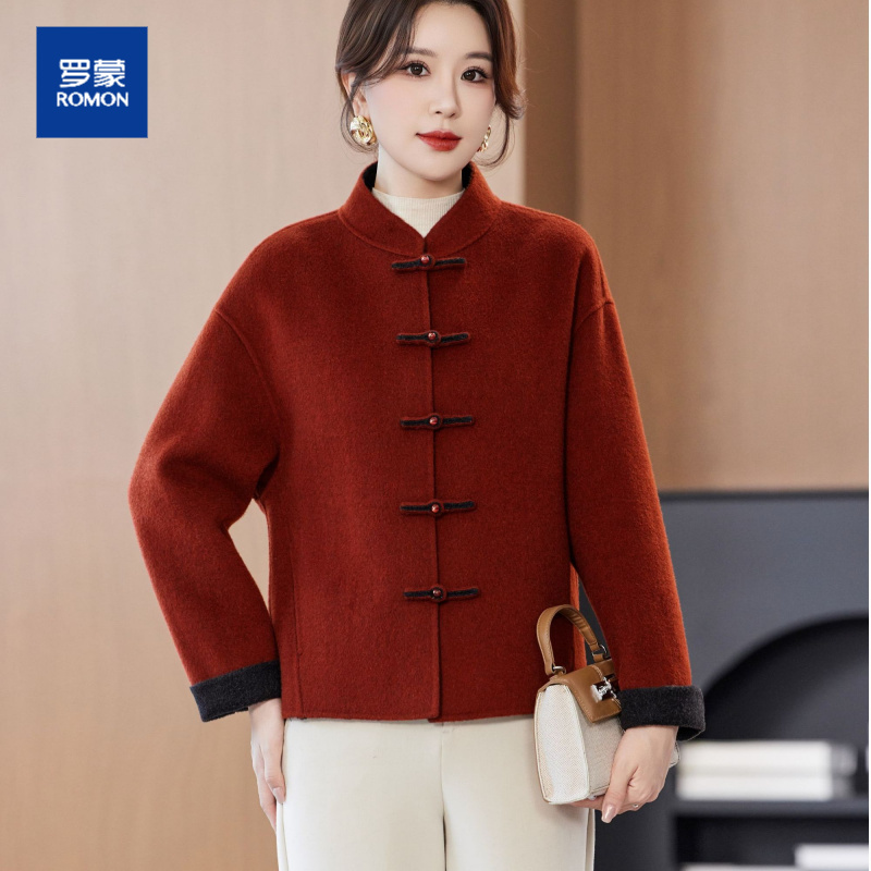 罗蒙高端双面呢羊毛大衣女2025秋时尚小个子大码新中式妈妈短外套