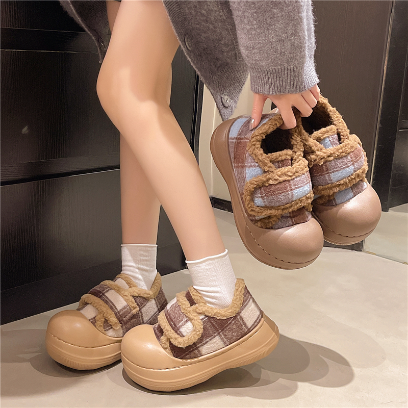 魔术贴毛毛鞋女冬外穿2025新款厚底加绒羊羔毛复古格子大头棉鞋女