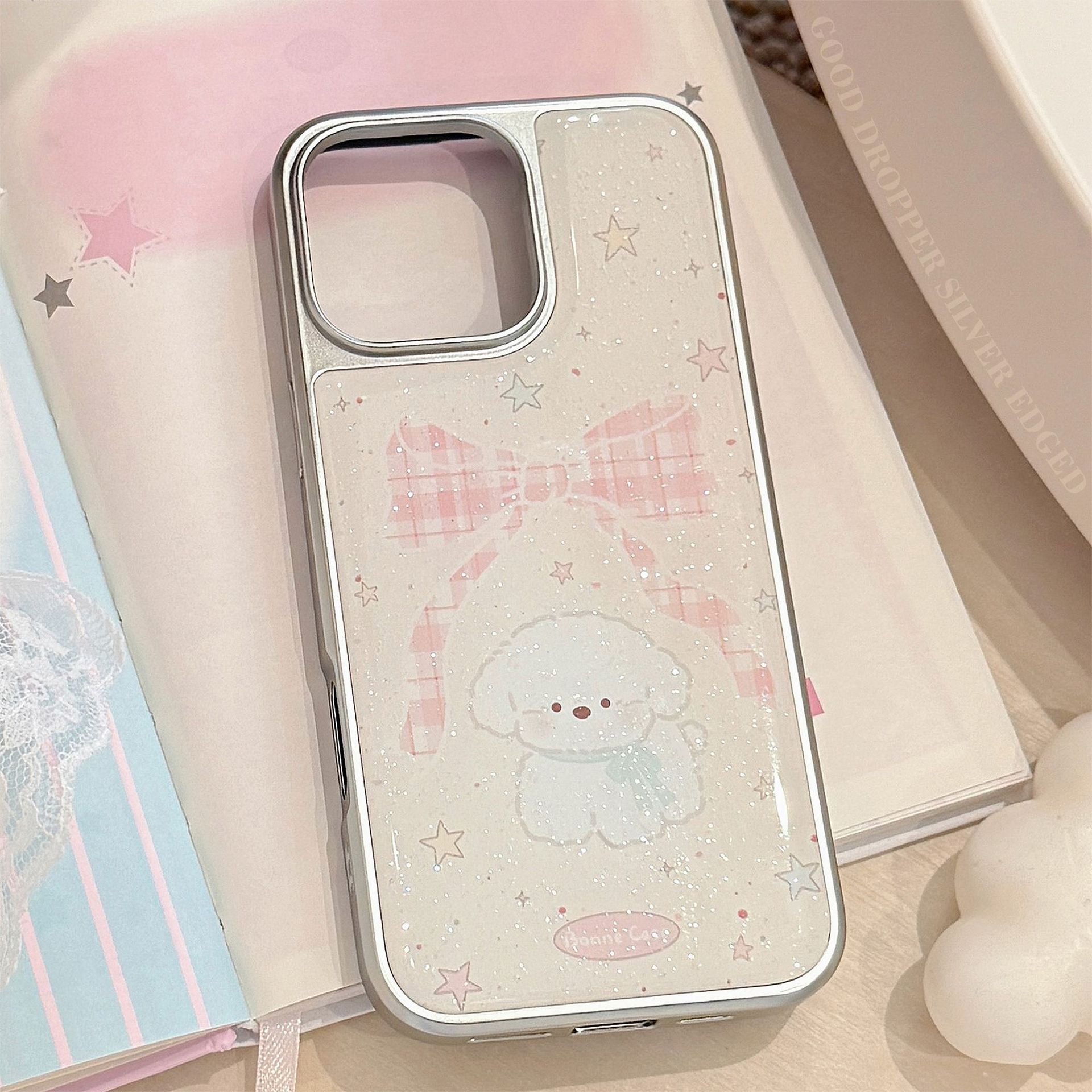 可爱蝴蝶结小狗造型滴胶闪粉硬质苹果手机壳适用于多型号卡通少女