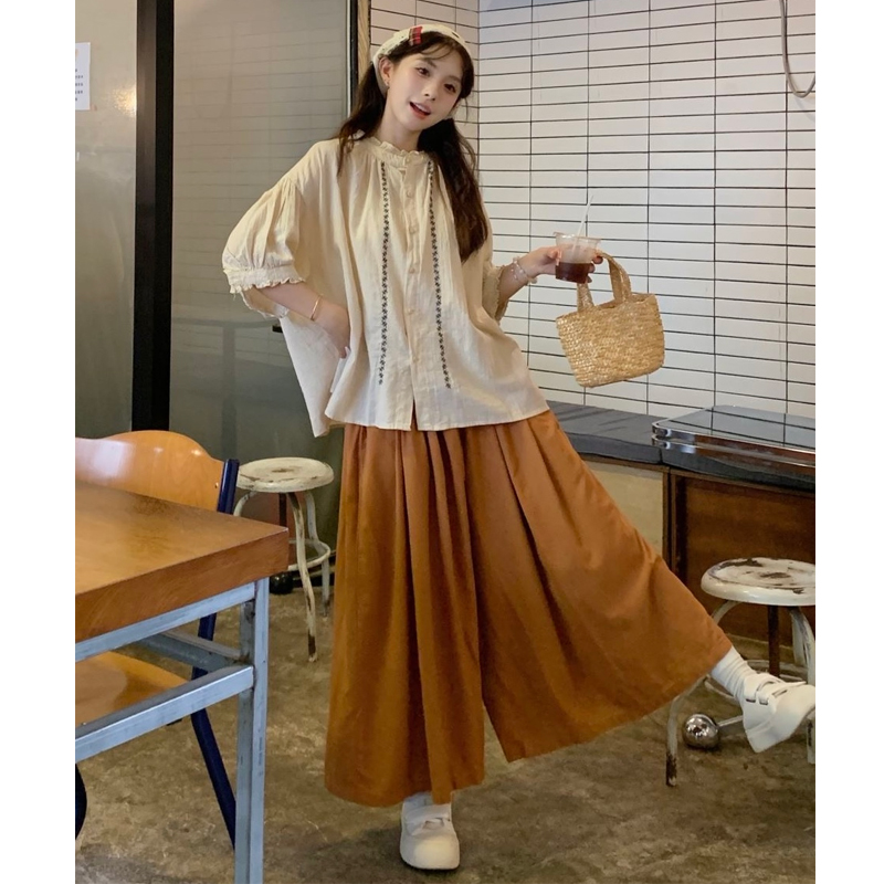 大码女装2025夏季新款胖mm复古宽松刺绣衬衫+百搭阔腿裤显瘦套装