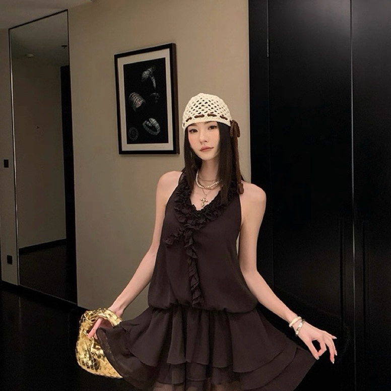 Y.JIA伊嘉-云纱拂梦网纱露背显瘦收腰露肩气质连衣裙裙子黑色