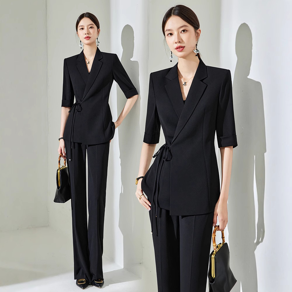 大码女夏季薄款黑色短袖西装套装胖mm气质显瘦西服微喇叭裤两件套