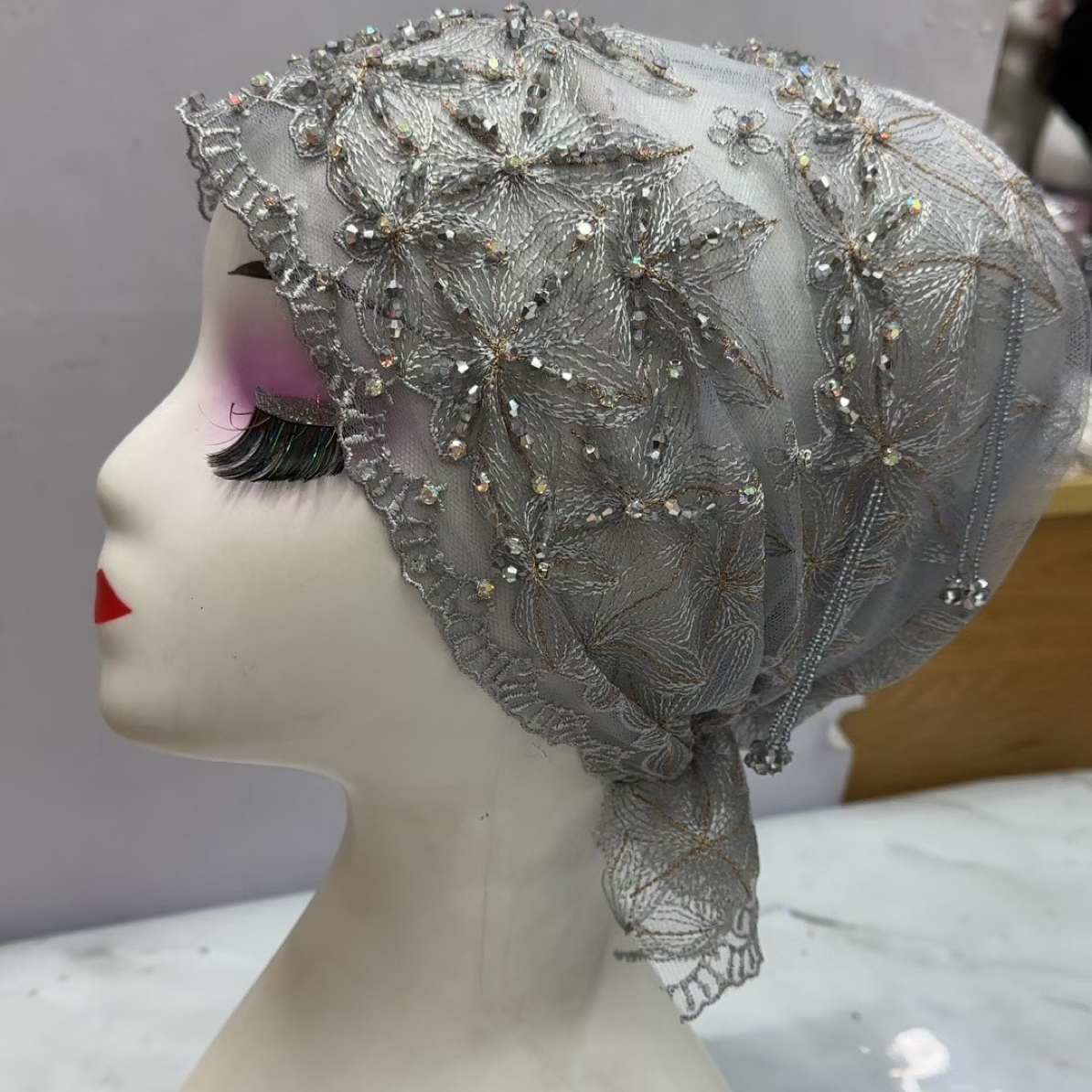 秋季刺绣双层四季款 回民鱼尾流苏帽 时尚百搭蕾丝镶钻