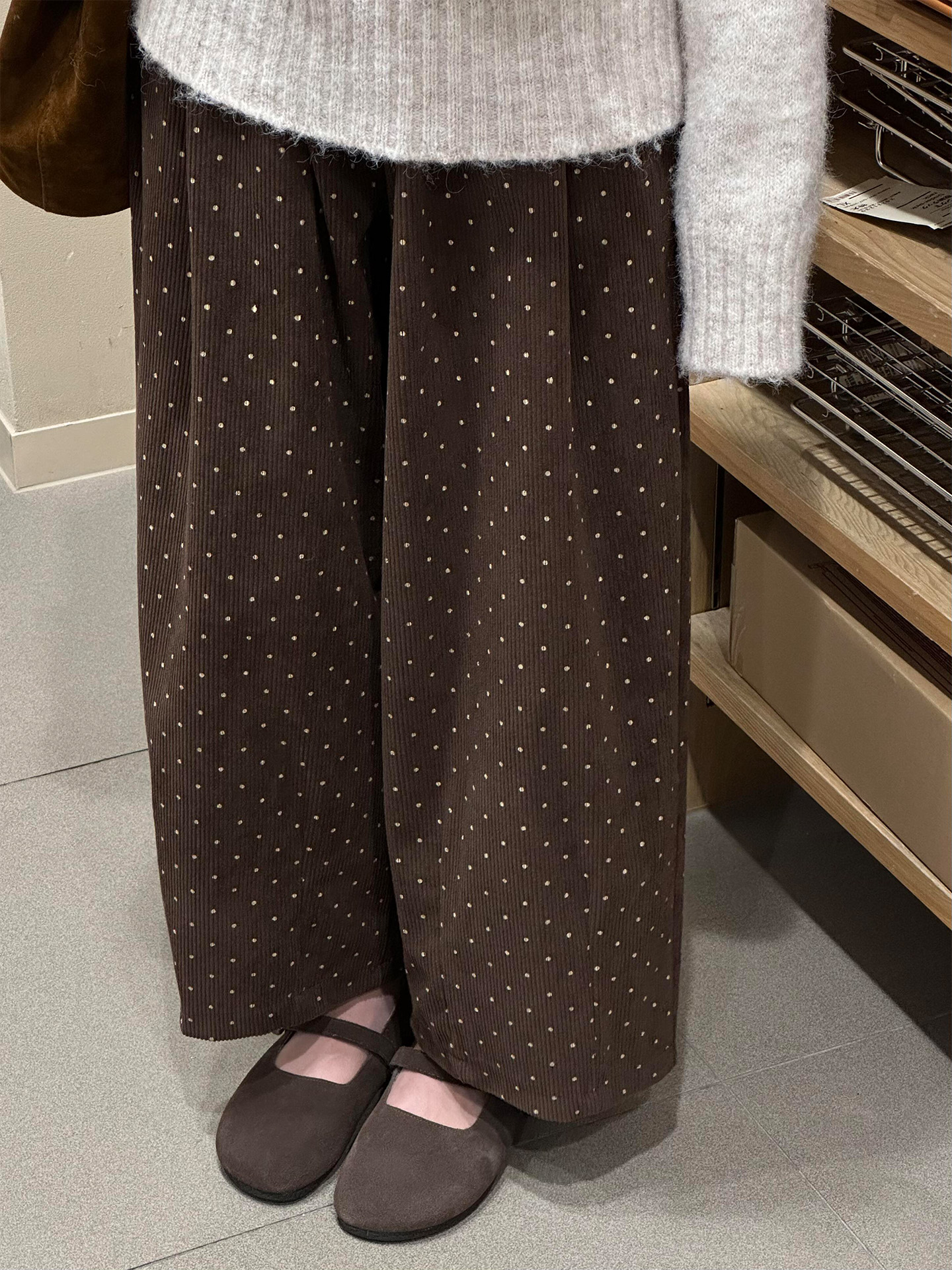 棕咖色大码波点休闲裤女秋冬新款胖mm显瘦灯芯绒阔腿裤小个子裤子