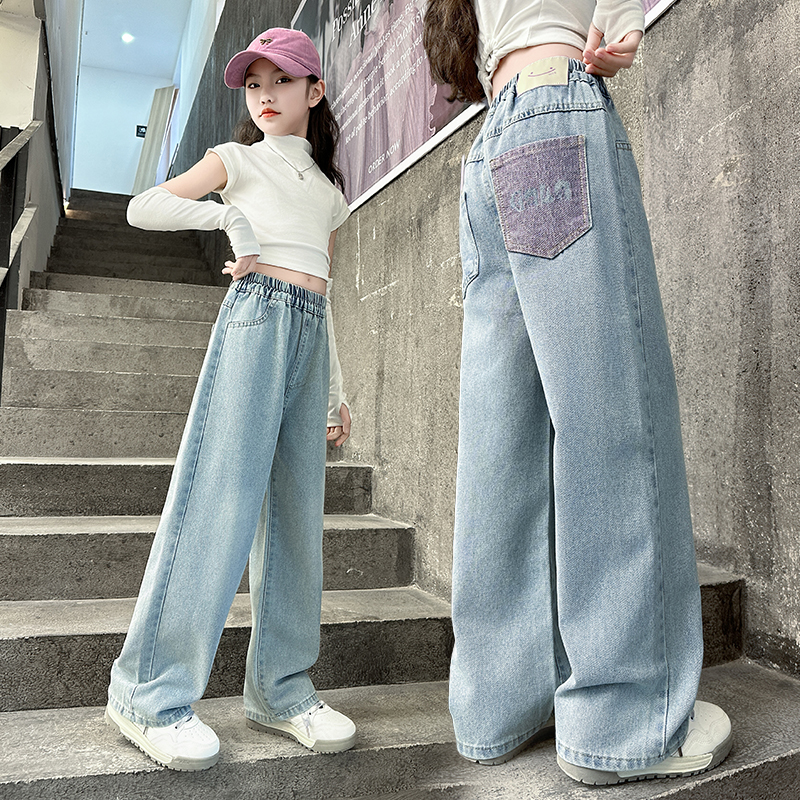 女童裤子春秋外穿2025新款中大童休闲女孩阔腿直筒秋季儿童牛仔裤