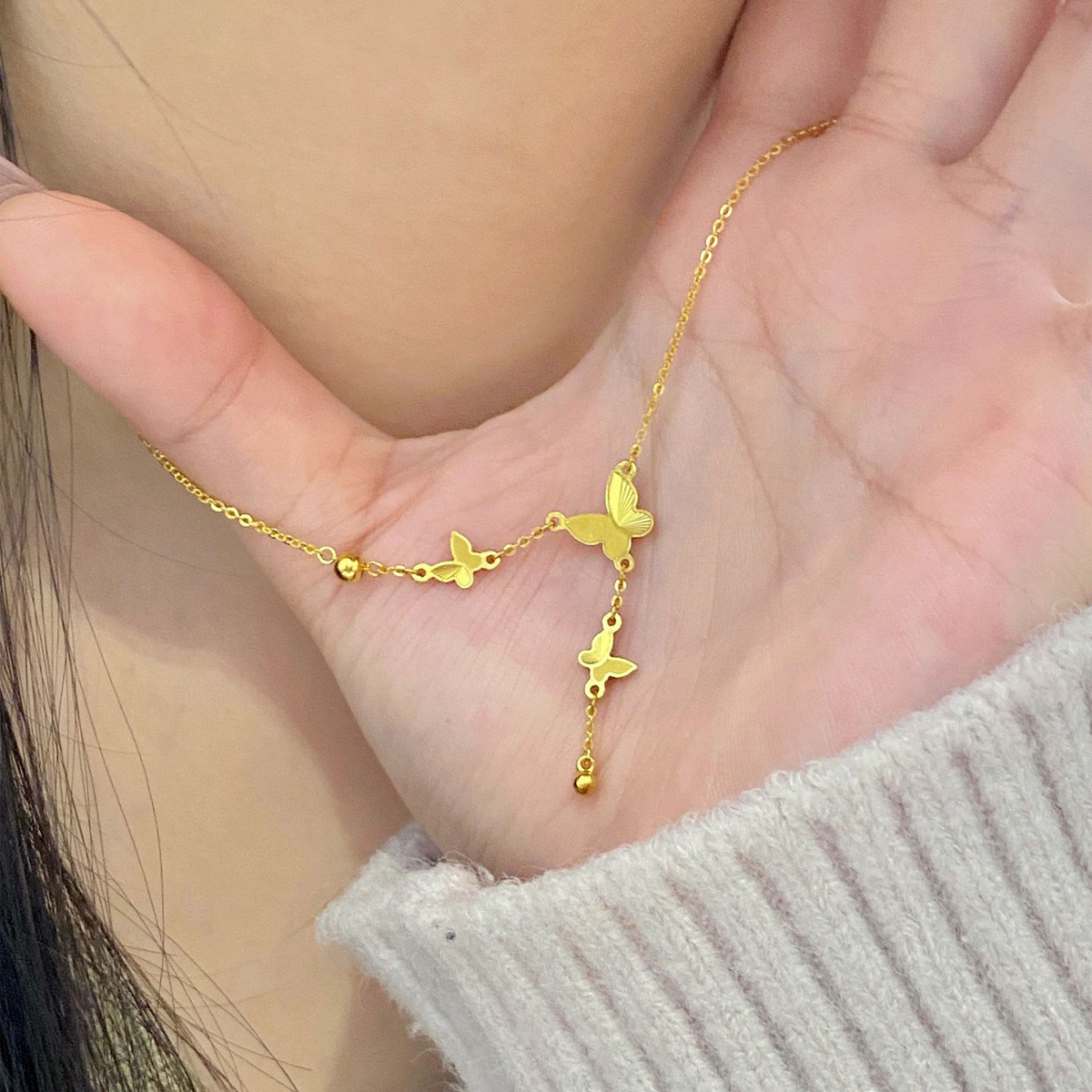 奢卡丹 合金吊坠 法式蝴蝶流苏项链女轻奢小众高级百搭高级感金色