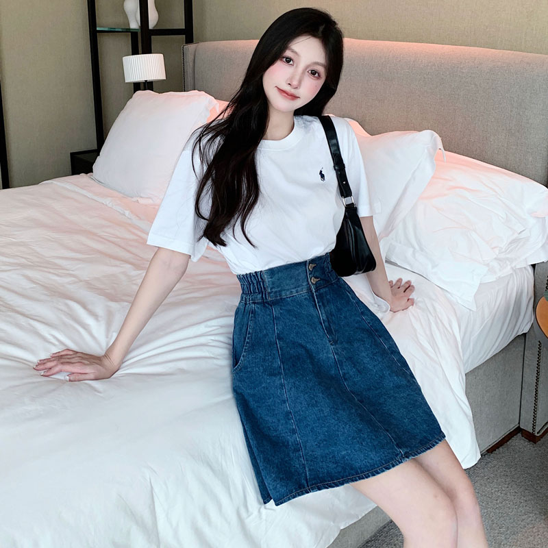 爱依服辰纯松紧腰伞裙有内衬高腰短裙春夏新款纯棉蓝色字牛仔半身