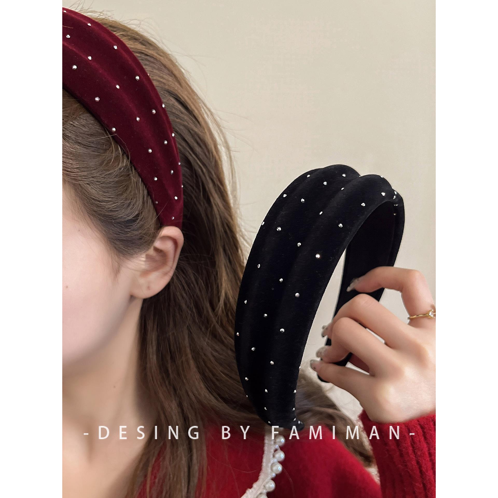 覆古丝绒带钻宽边发箍女2025新款高级感秋冬高颅顶发卡头箍头饰