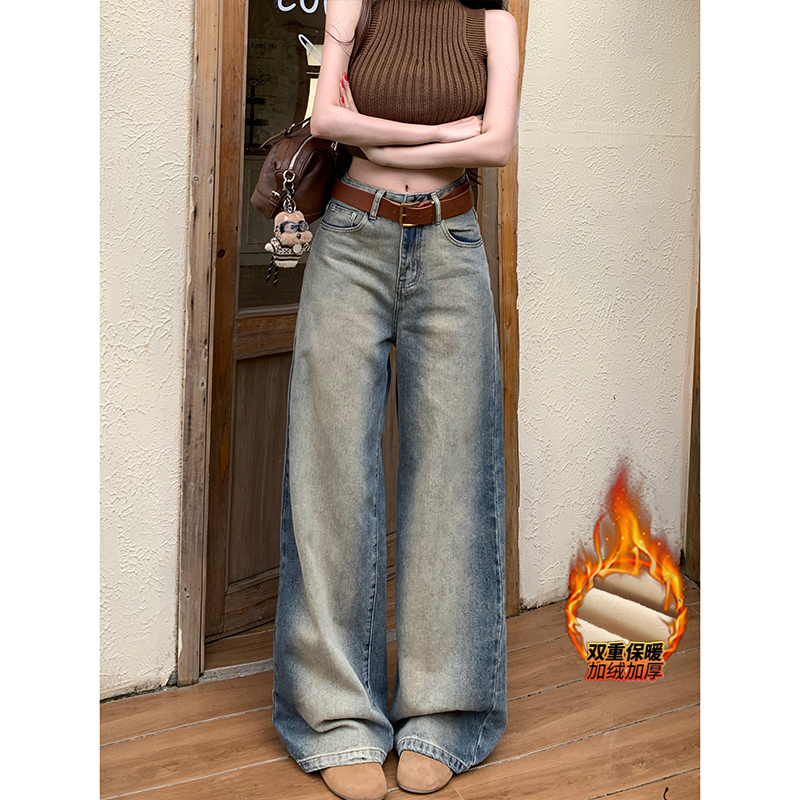 加绒做旧晕染撞色阔腿牛仔裤女2025冬季新款高腰显瘦垂感脏脏长裤