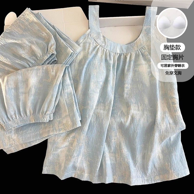 【星】带胸垫三件套甜美睡衣女夏季短袖短裤长裤可外穿家居服133