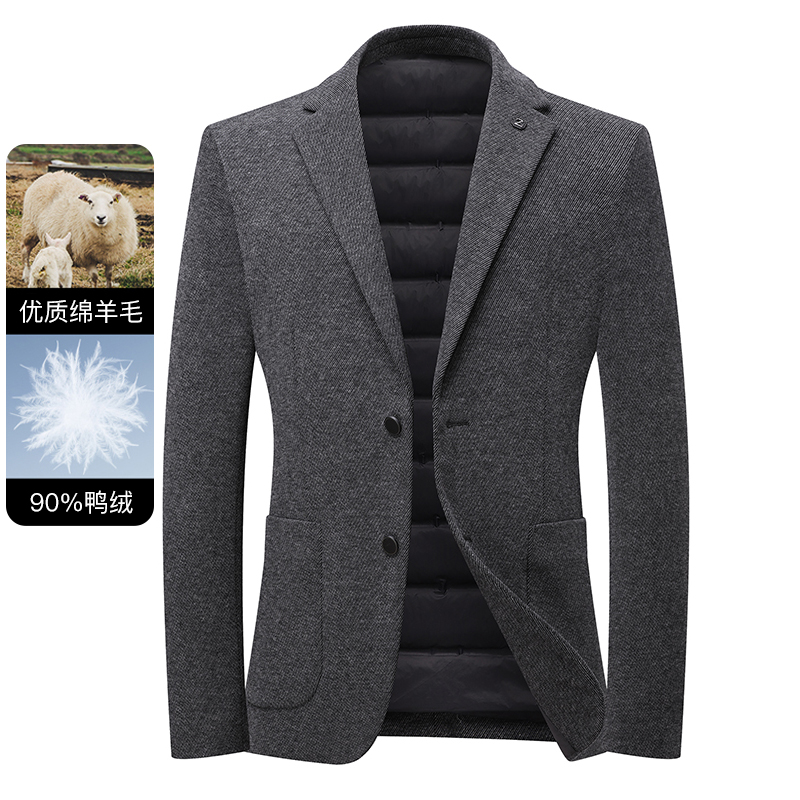【90鸭绒】男士毛料羽绒西服冬季90白鸭绒保暖抗寒中青年西装外套