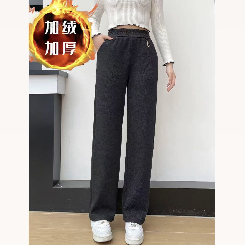 5328#女士冬季加绒加厚高腰休闲筒喇裤新款百搭显瘦窄版直筒长裤