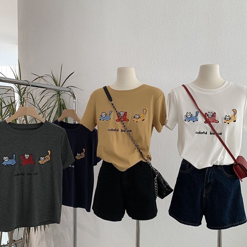 新款可爱三只小猫咪刺绣圆领正肩短袖T恤夏季休闲百搭时尚上衣