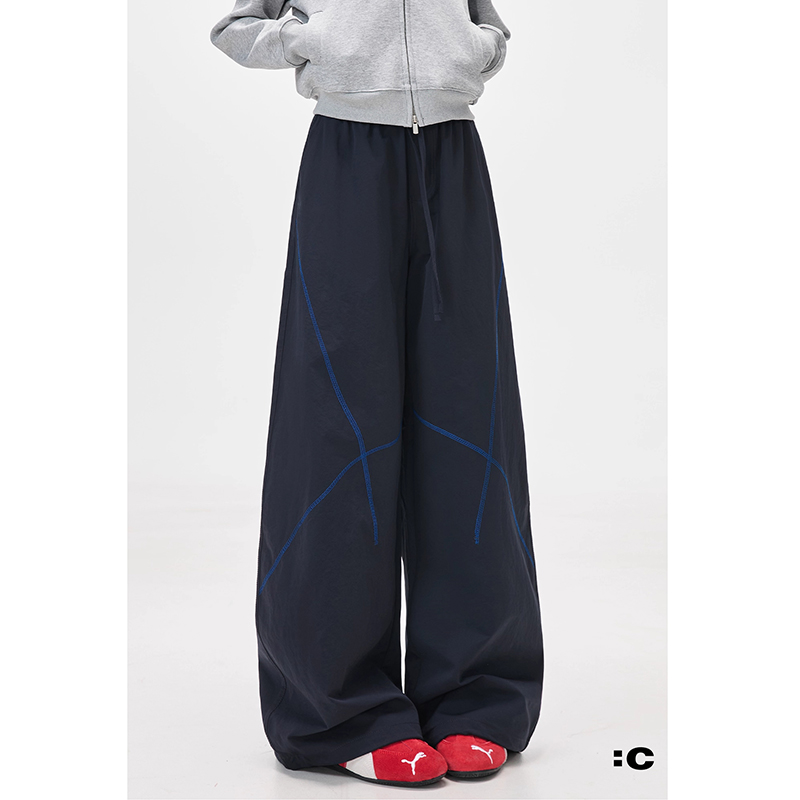 美式高街休闲裤直筒宽松撞色哈苏线垂感运动裤设计感阔腿长裤子男