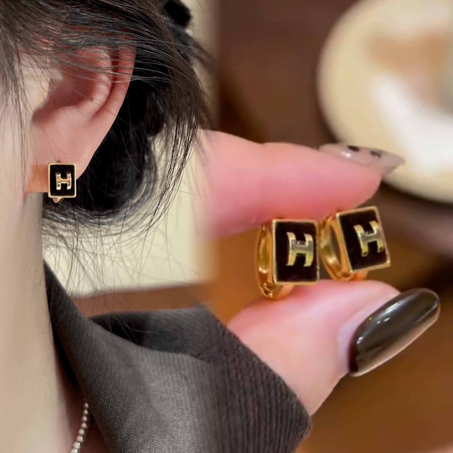 铜合金耳饰 欧美时髦时尚深咖色方形字母耳扣女轻奢气质黑色耳