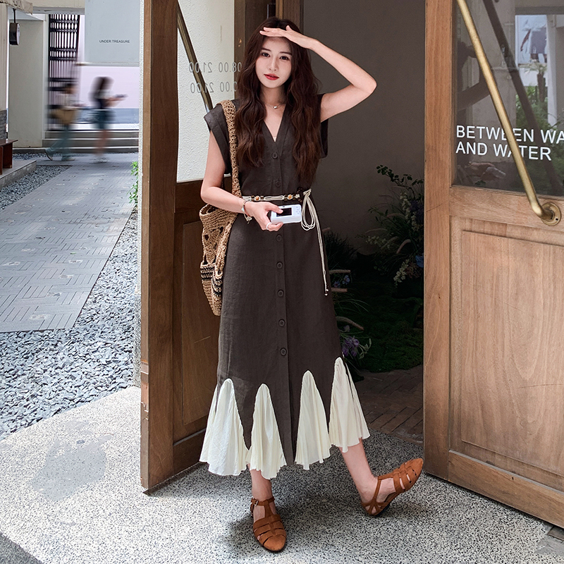 咖色法式复古V领连衣裙女夏新款慵懒女神范高级感拼接鱼尾长裙子