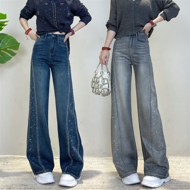 迪否烫钻窄版直筒裤女2025秋冬新款裤子宽松垂感牛仔裤6305