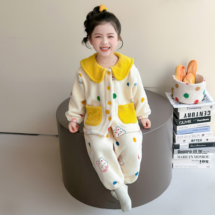 儿童睡衣秋冬季女童珊瑚绒冬季加厚法兰绒套装女孩宝宝保暖家居服