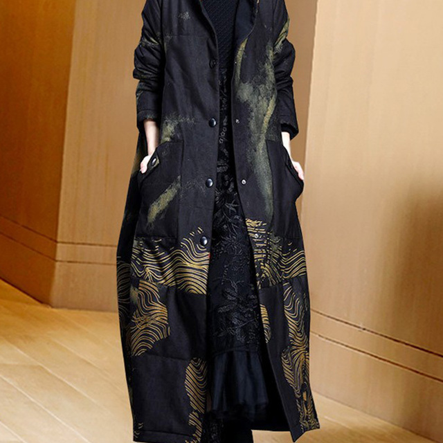 覆古中国民族风棉服女中长款2026年秋冬新款印花茧型棉衣加厚外套