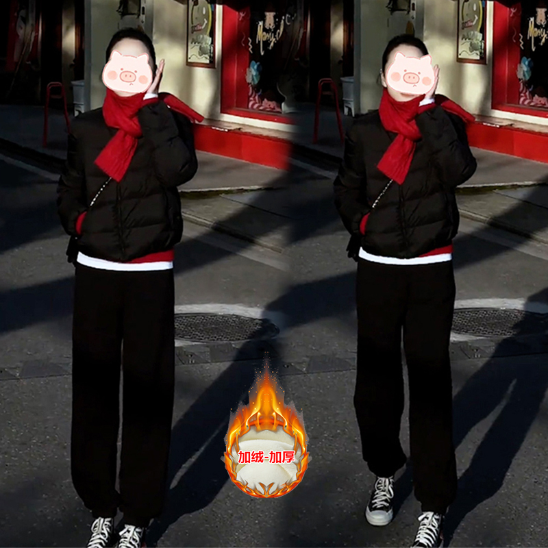 2025年冬季新款穿搭宽松显瘦短款排骨棉服外套搭配束脚裤两件套女