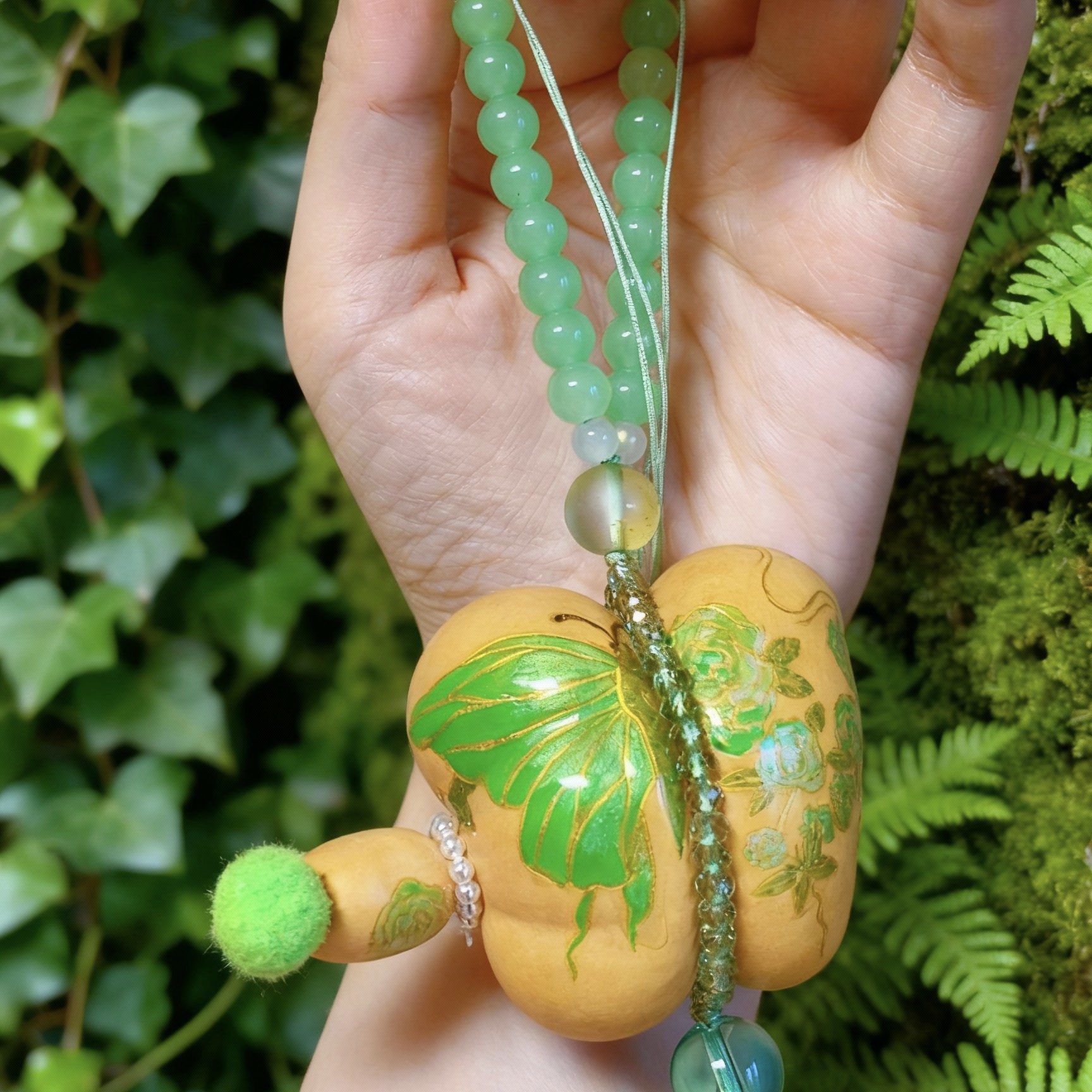 天然熊脸钱袋葫芦.手工雕刻彩绘蝶舞玫瑰车挂 车内平安装饰