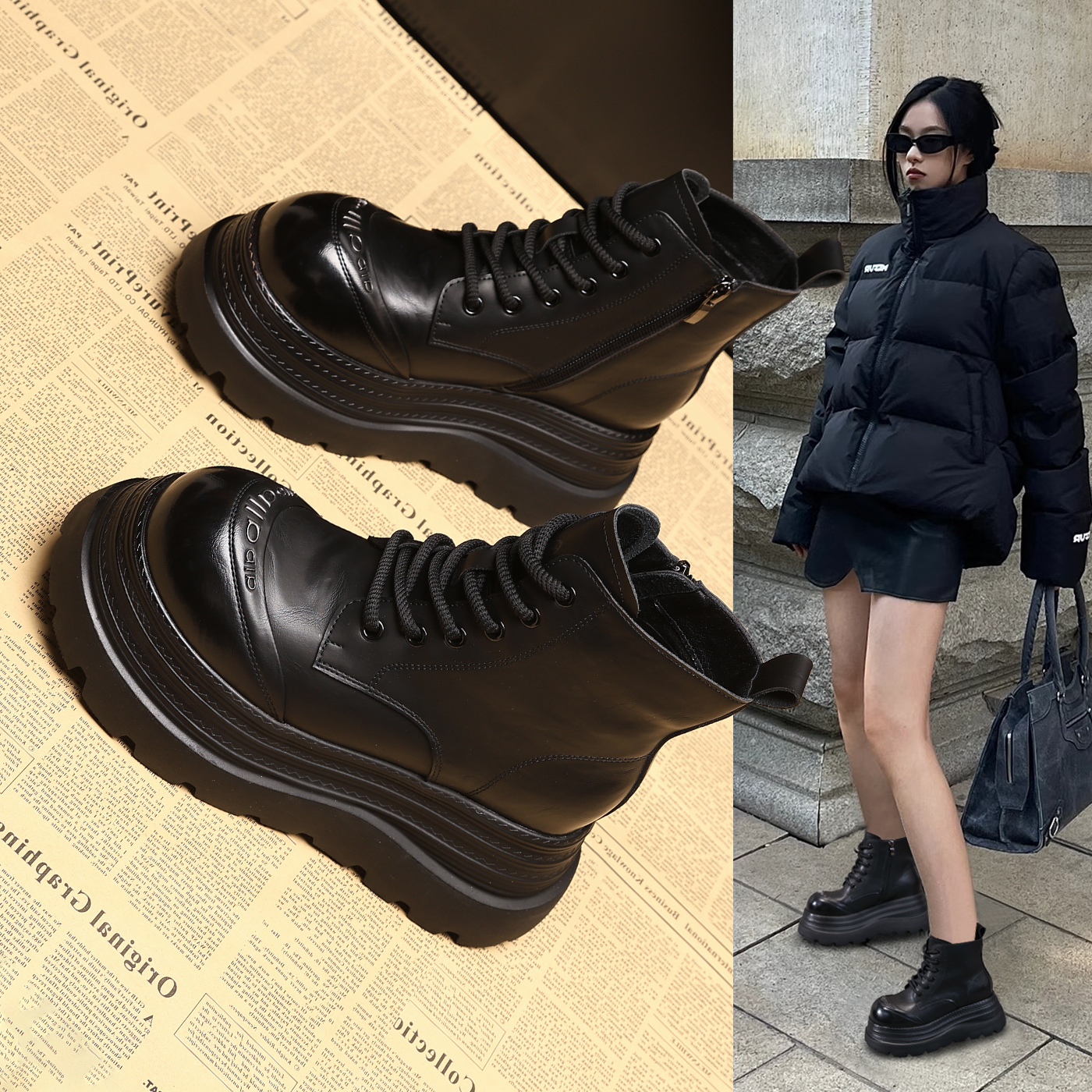 厚底松糕马丁靴女内增高8cm高跟新款小个子显瘦英伦风短靴子显高