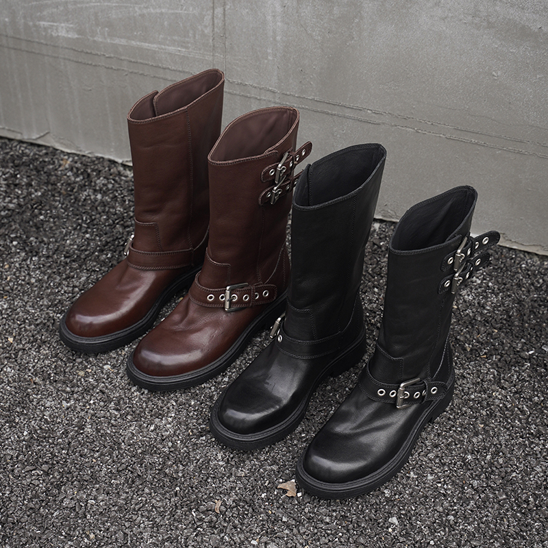 4CM34-40【重磅奢定】新款秋冬季裤管靴中筒骑士靴马丁全皮复古港风