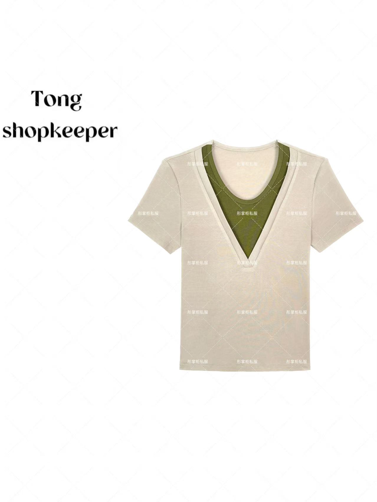 QJ/彤掌柜1682226 夏款2025静奢秀款天丝羊毛假两件撞色显瘦上衣