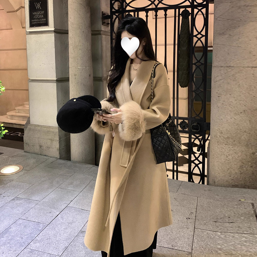 卡其色袖口毛呢子大衣女2025年秋冬新款慵懒风修身显瘦毛呢外套