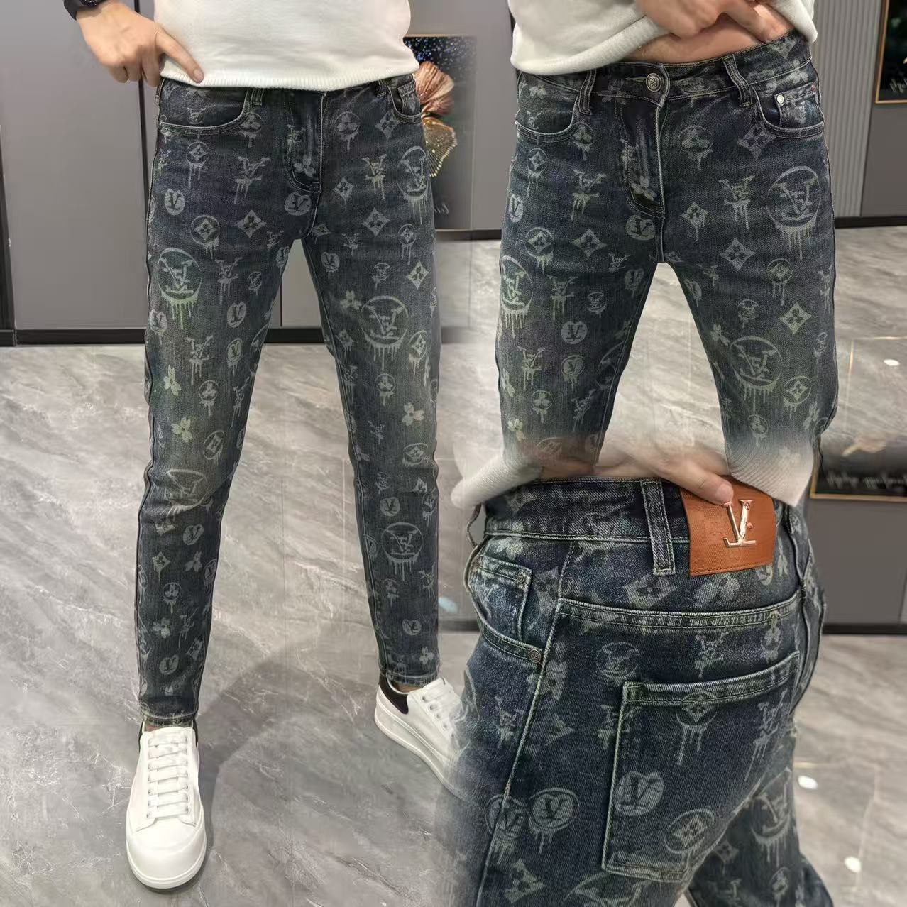 裤子男2025冬季新款牛仔裤男水洗蓝潮流印花小脚裤修身显瘦长裤男
