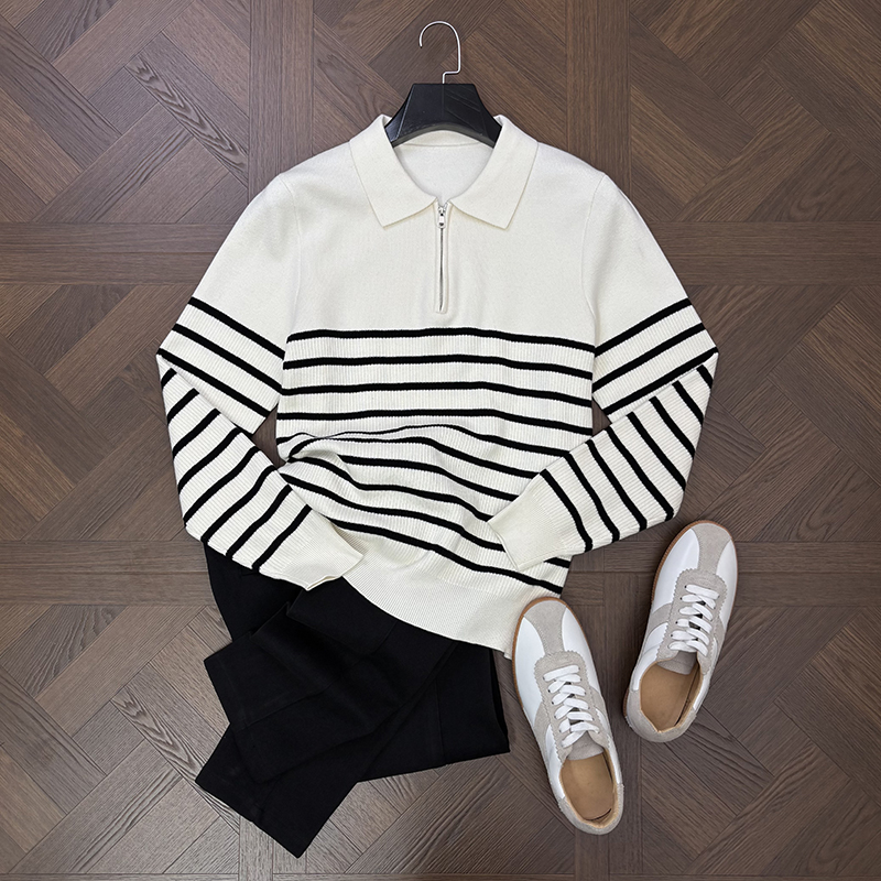 LANSIM·冬季保暖重磅男士商务休闲毛衣时尚条纹半拉链翻领针织衫