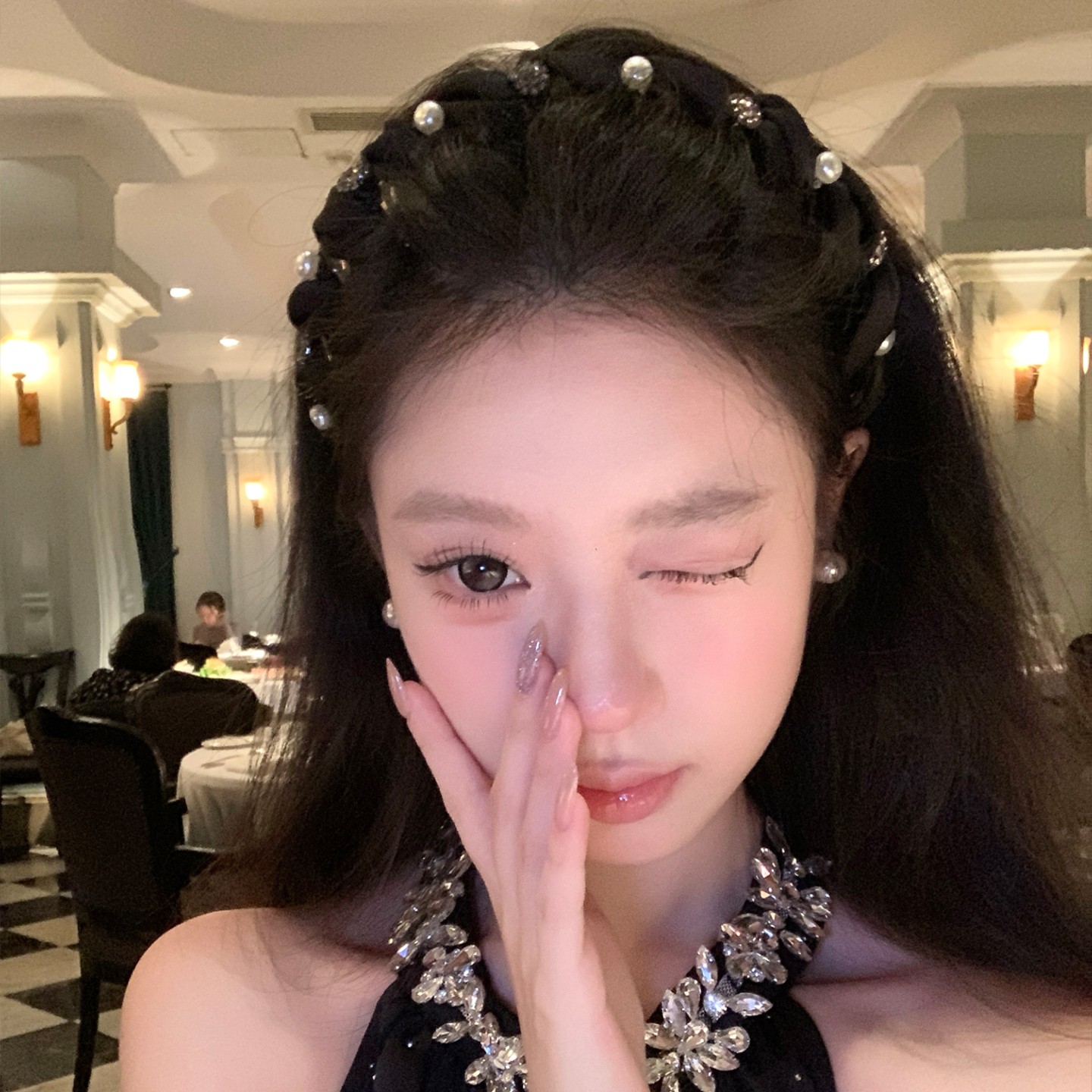 法式闪钻珍珠波浪发箍女高颅顶头箍发饰带齿防滑外戴发卡压发头饰