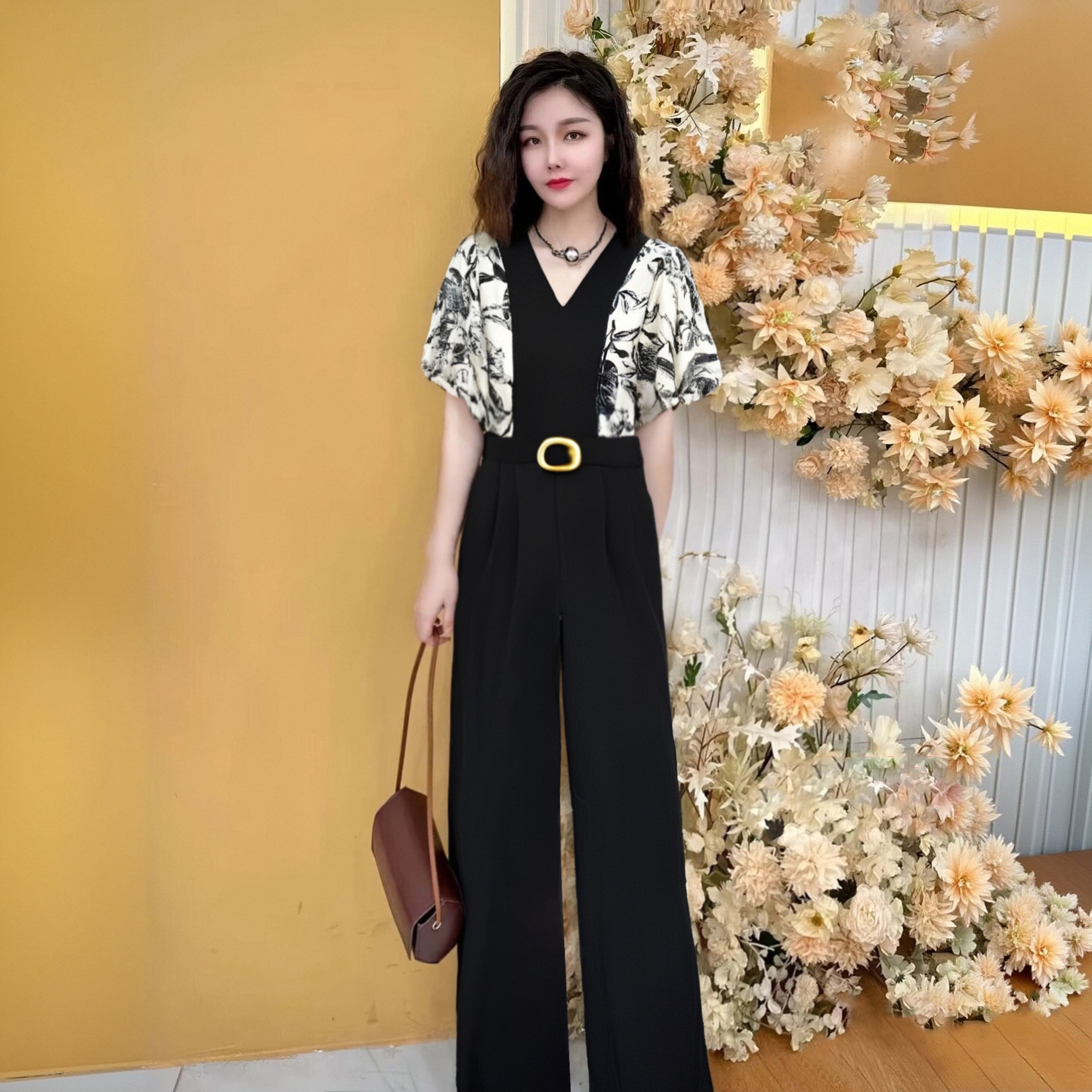 A2025夏季新款高级感连体裤女减龄显瘦印花拼接连体衣阔腿裤D1194
