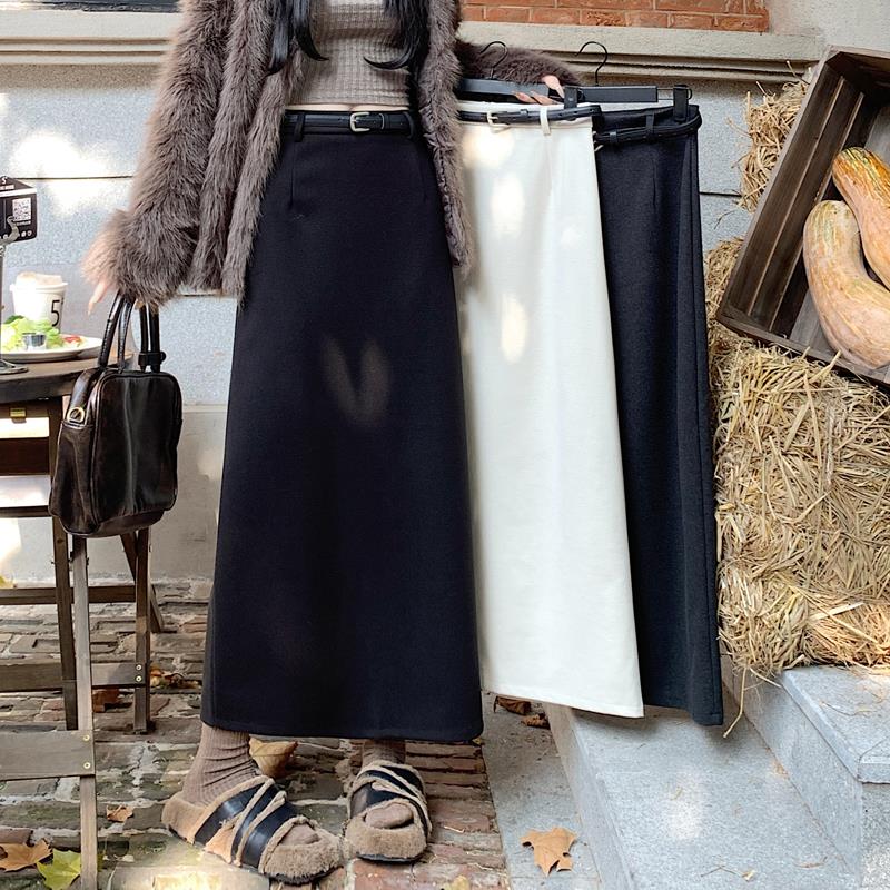 加厚毛呢西装半身裙女秋冬款高腰显瘦垂感后开叉a字一步包臀长裙