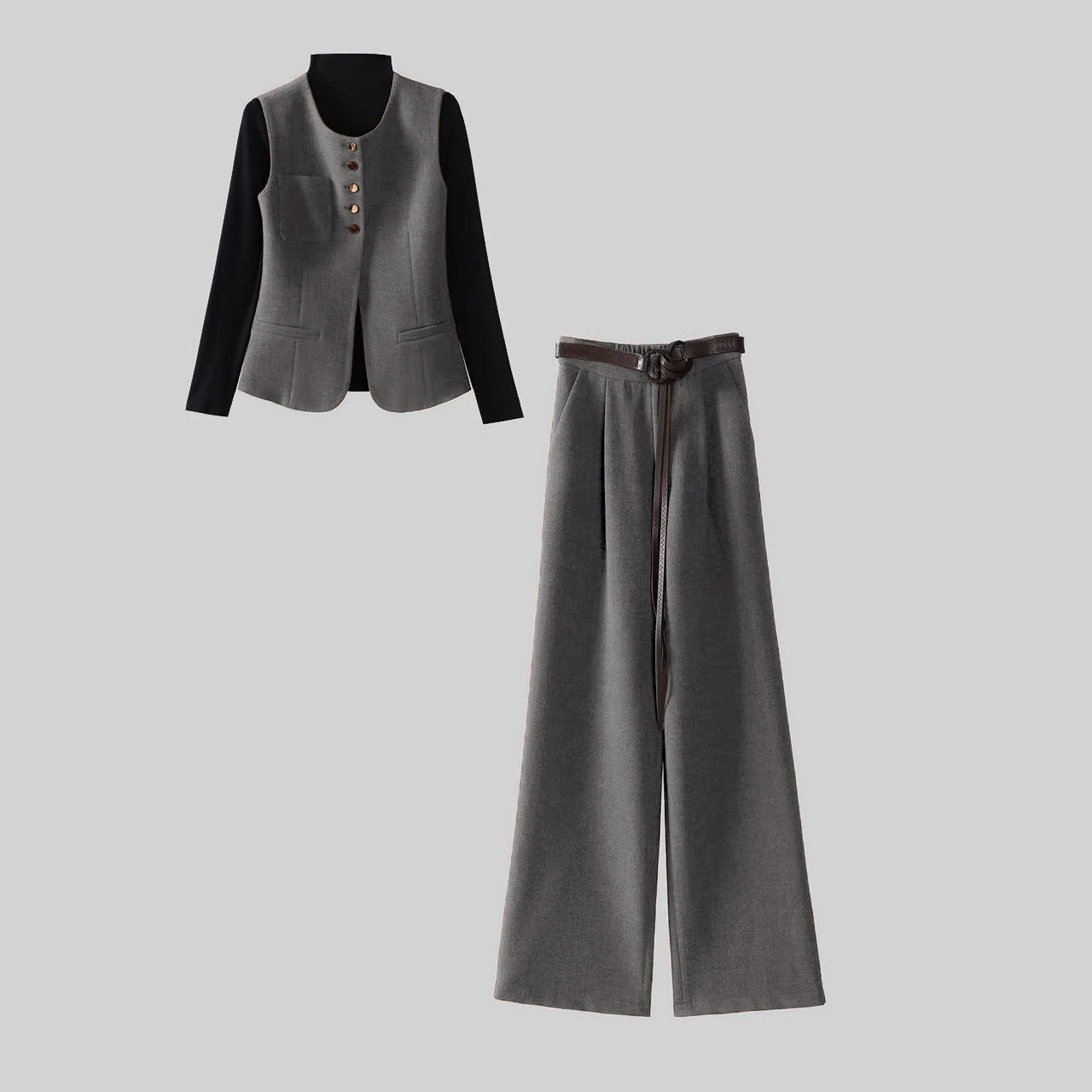 〈纪朵研〉H538一整套韩系穿搭高级感打底衫马甲阔腿裤腰带四件套