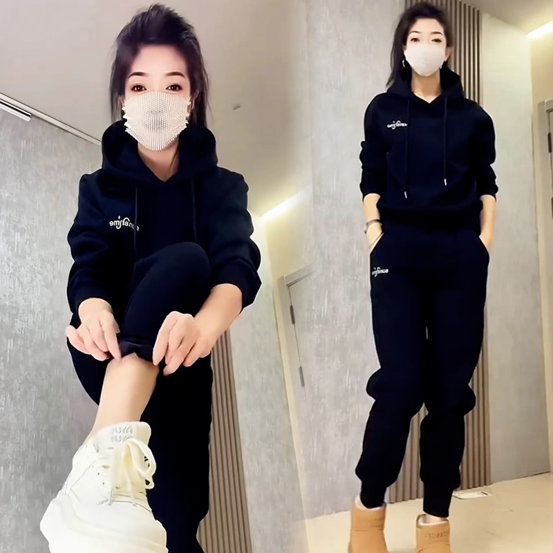 高含棉时尚休闲套装女2025春秋新款洋气减龄连帽卫衣束脚裤两件套