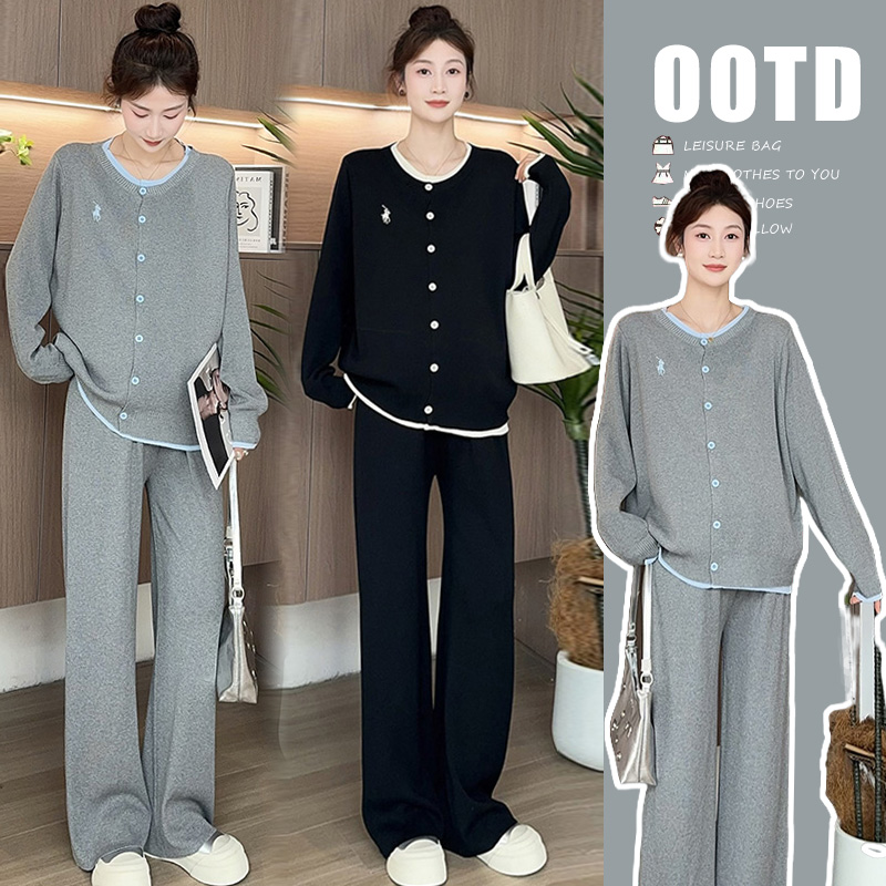 孕妇装秋装套装2025新款时尚慵懒风休闲假两件针织杉长袖上衣春秋