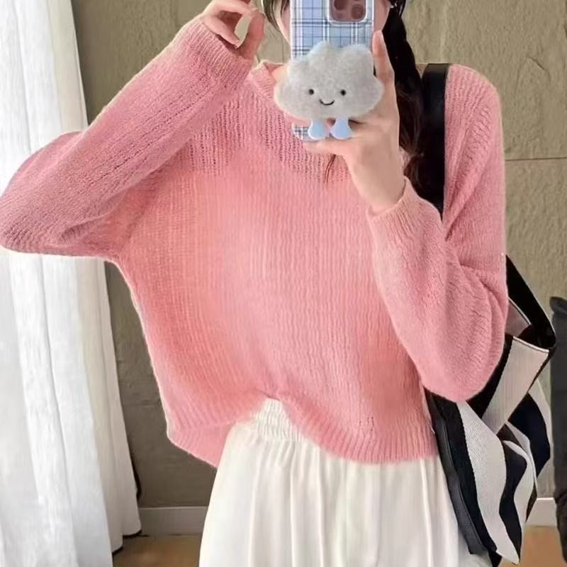 2025春秋新款亮丝后背纽扣设计感针织罩衫女短款薄毛衣长袖镂空衫