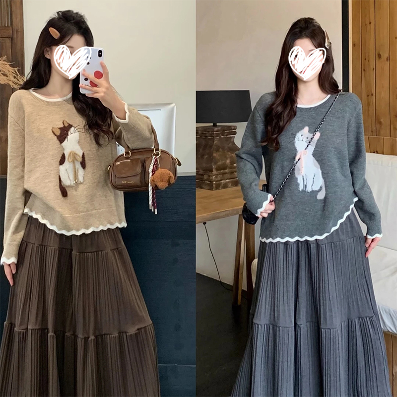 2025秋冬款胖mm女甜美慵懒风绣花小猫软糯毛织长袖上衣设计感百搭