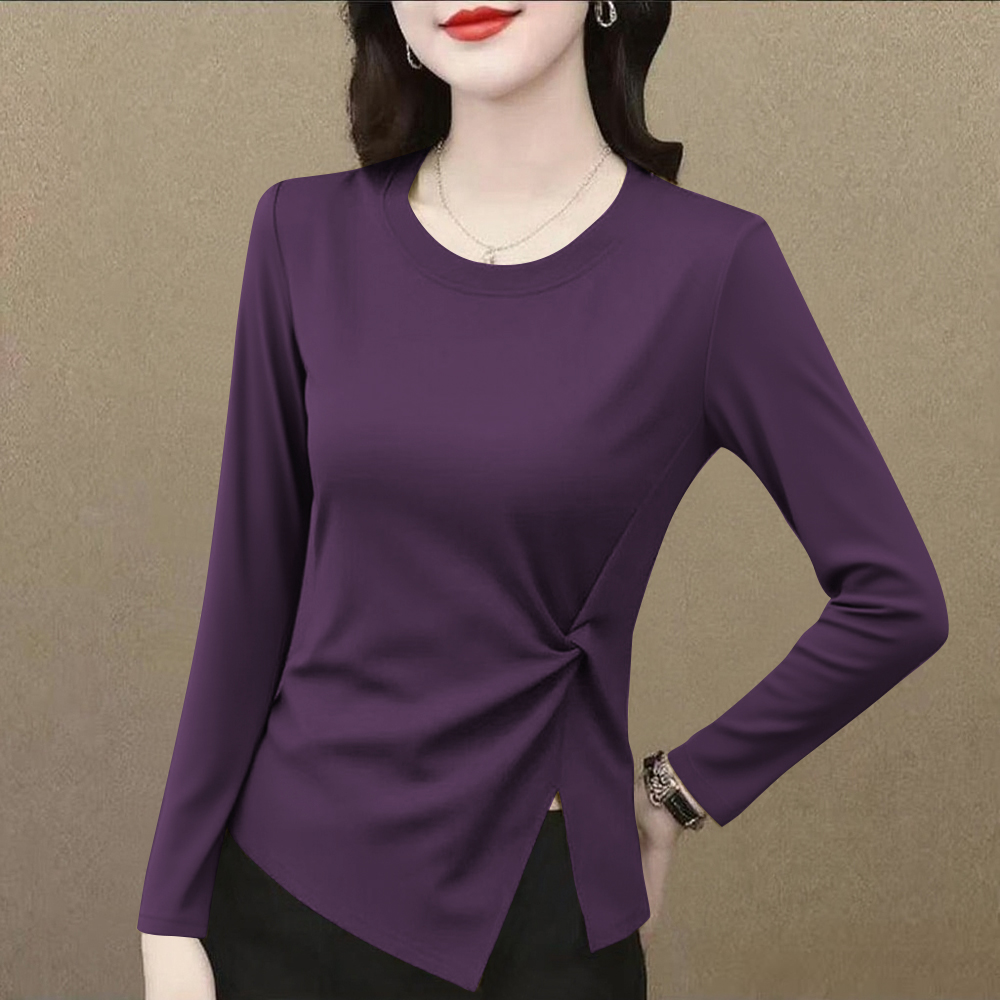 正肩圆领长袖t恤女春秋季新款设计感气质修身显瘦不规则开叉上衣