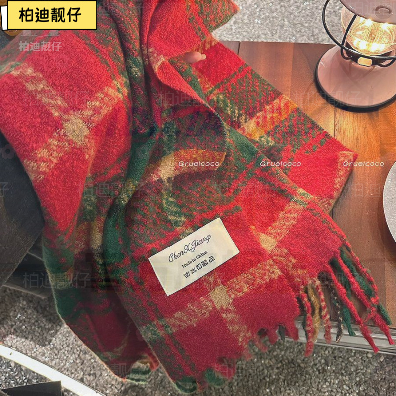 圣诞心愿春节氛围新年格子流苏围巾女韩版百搭保暖围脖披肩工厂
