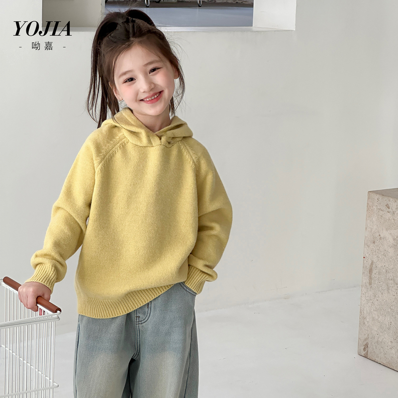 YOJIA女童毛衣冬款2025新款洋气连帽女孩针织衫内搭儿童冬装上衣