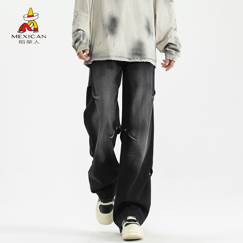 Mexican/稻草人牛仔裤潮流直筒高街宽松褶皱铆钉水洗男款休闲男士
