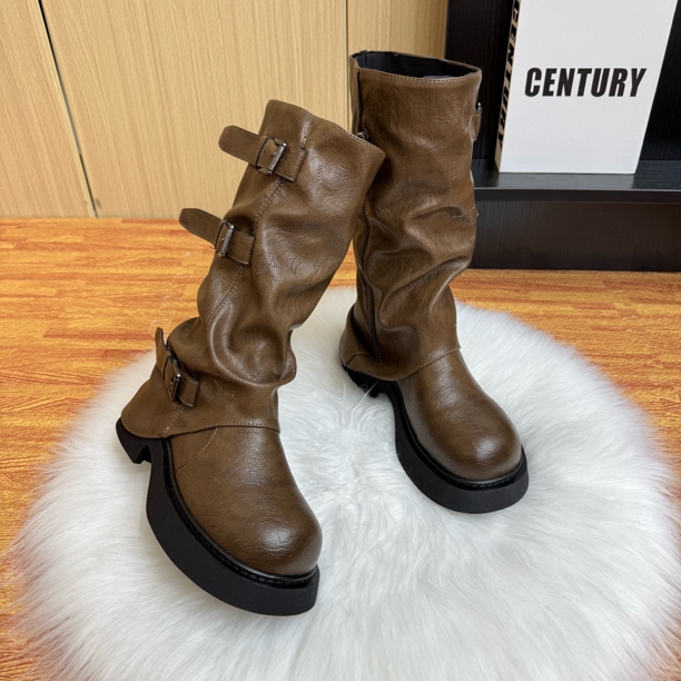 时装靴中短筒靴英伦长筒复古富家千金风城市机能风