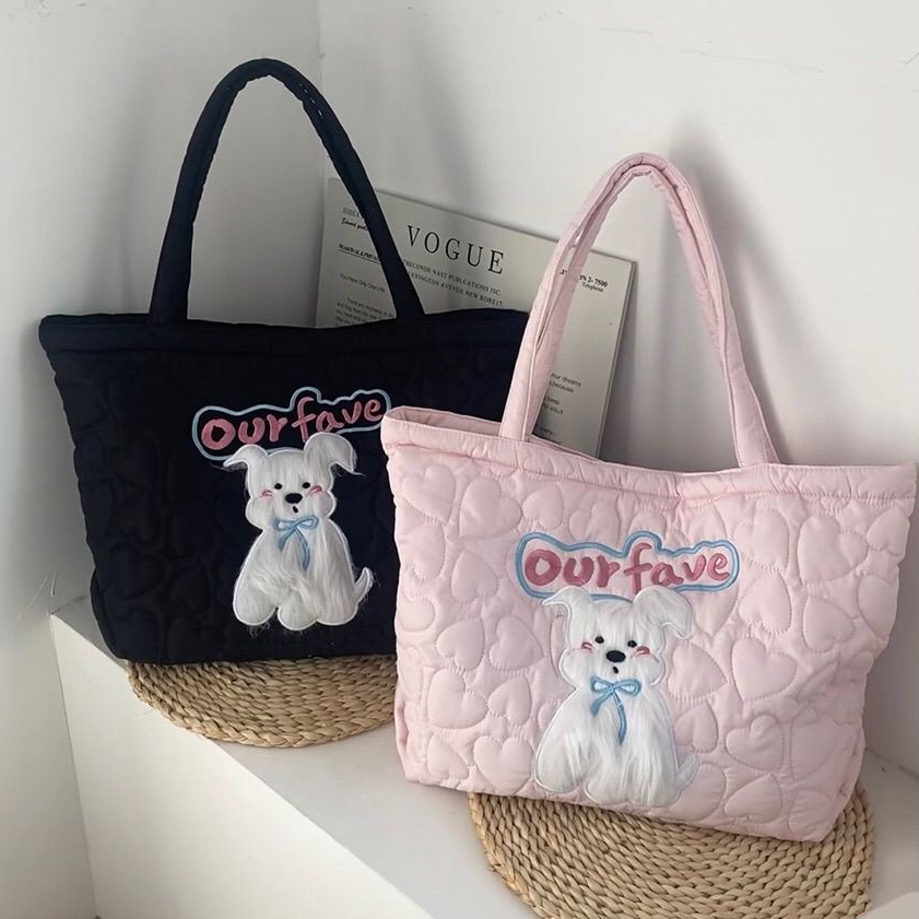 简约2025秋冬小狗大容量手提包单肩新款通勤爱心刺绣百搭托特包Q