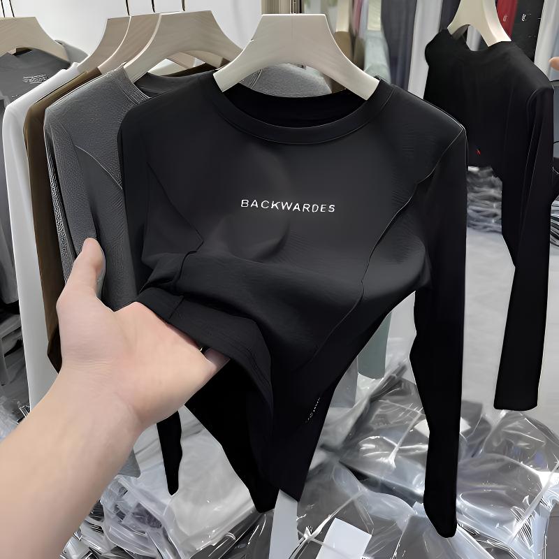 7010#白色打底衫女长袖t恤秋冬款鱼骨线修身百搭洋气内搭上衣