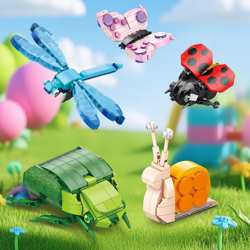 乐乐兄弟儿童益智拼装昆虫积木迷你颗粒七星瓢虫黄蜂男孩玩具礼物